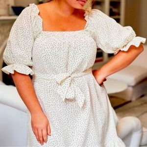 Eloquii white tie waist dress w/ Black polka dots.